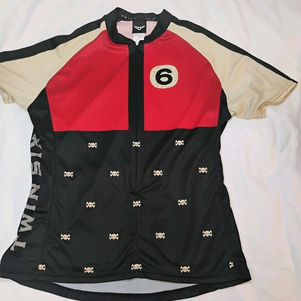 TwinSix Cycling Jersey Women's Large 3/4Zipper Pockets ShortSleeve ScarletSkulls